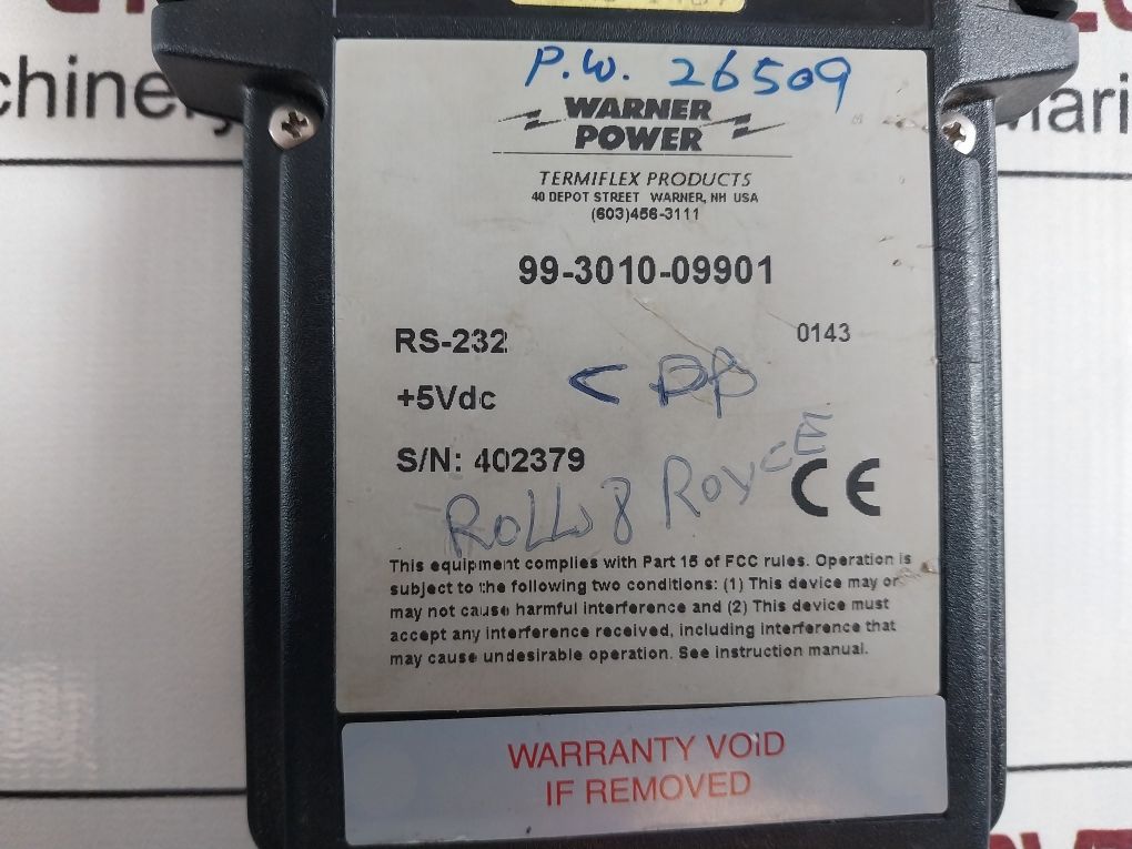 Warner Power 99-3010-09901 Hand Held Control Display Unit Rs-232