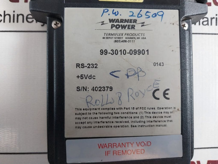 Warner Power 99-3010-09901 Hand Held Control Display Unit Rs-232