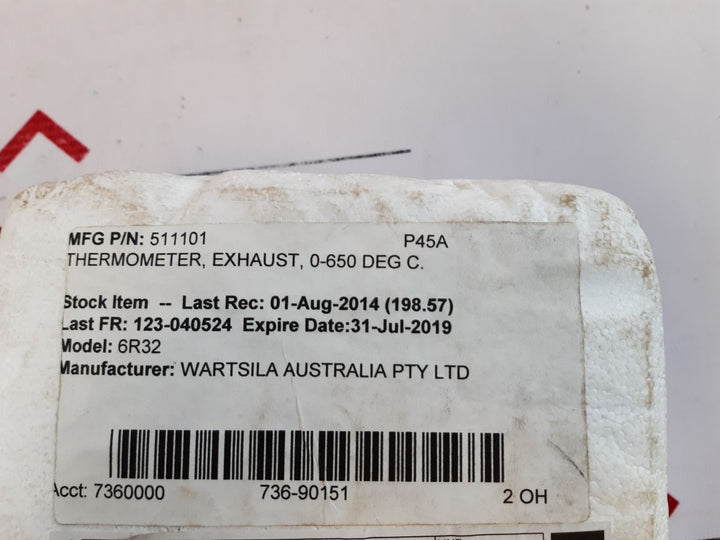 WartsilaRexotherm 6R32 Thermometer 0-650 Deg C. 511101
