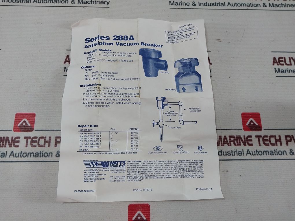 Watts Asse-1001 Brass Anti-siphon Vacuum Breaker