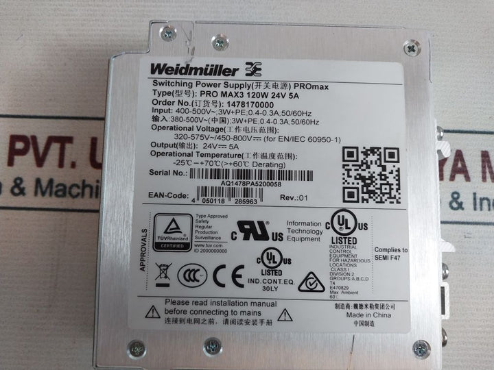 Weidmuller Pro Max3 120W 24V 5A Switching Power Supply 1478170000