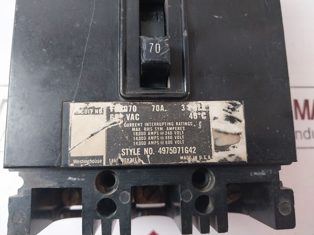Westinghouse Fb3070 3 Pole Circuit Breaker 70A 600Vac