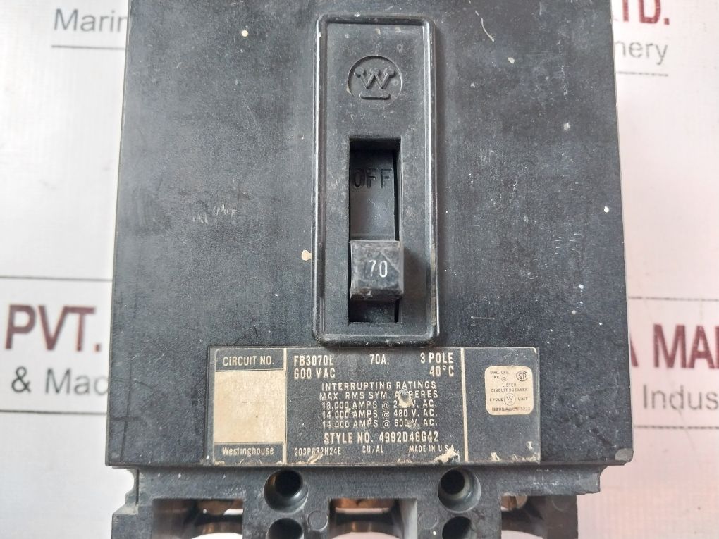 Westinghouse Fb3070L Circuit Breaker 3 Pole 70A 600Vac 4992D46G42