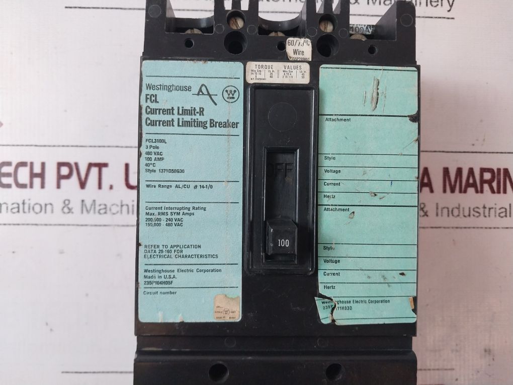 Westinghouse Fcl3100L Circuit Breaker 3 Pole Unit 100 Amp,480Vac