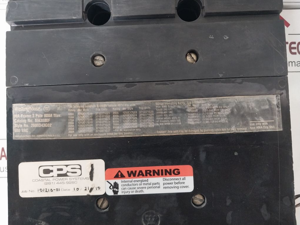 Westinghouse Ma3800F Circuit Breaker 600V Ac 3 Pole 800A Max.