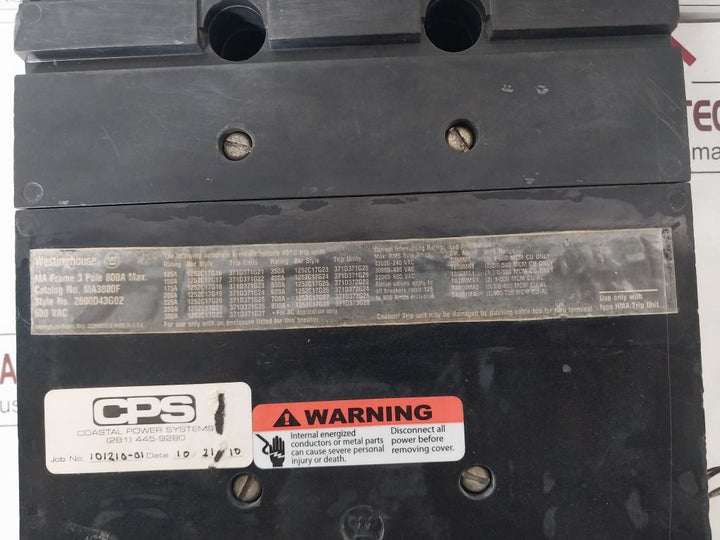 Westinghouse Ma3800F Circuit Breaker 600V Ac 3 Pole 800A Max.