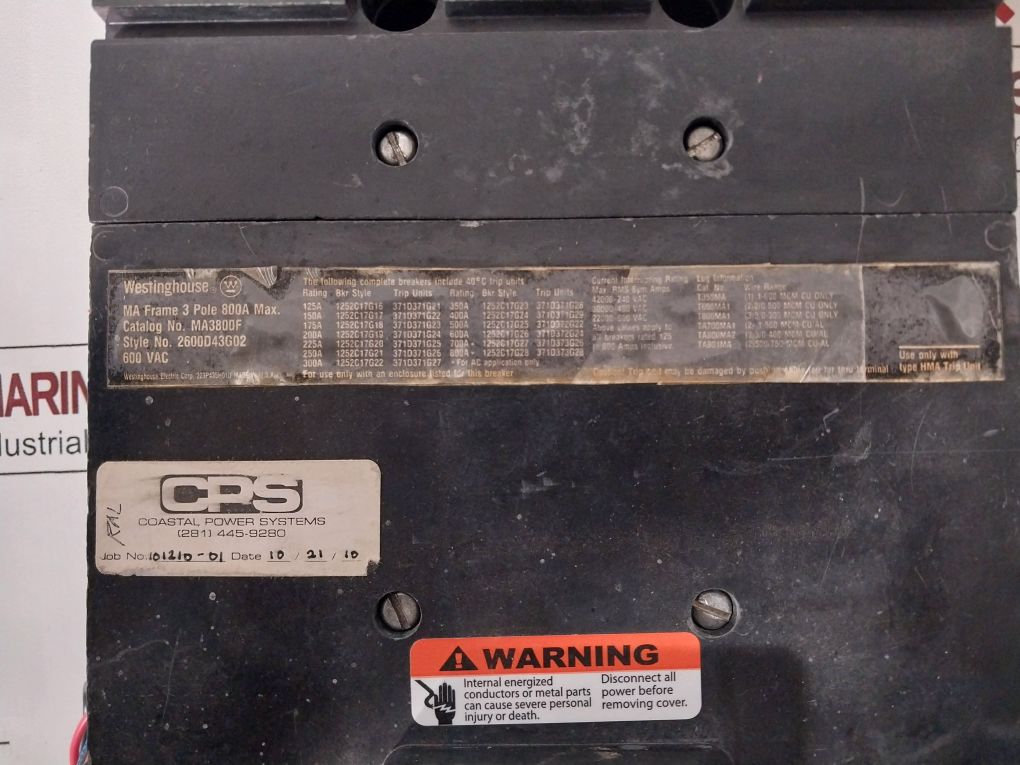 Westinghouse Ma3800F Circuit Breaker 3 Pole 600V Ac 800A Max.