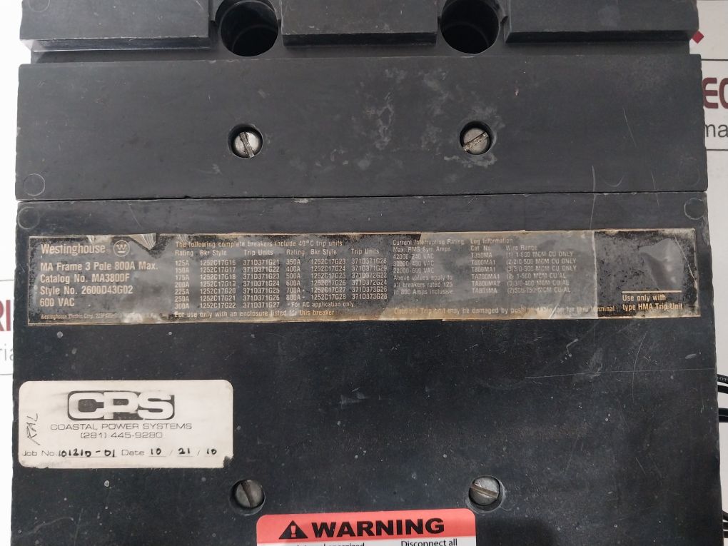 Westinghouse Ma3800F Circuit Breaker 3 Pole 600V Ac 800A Max.