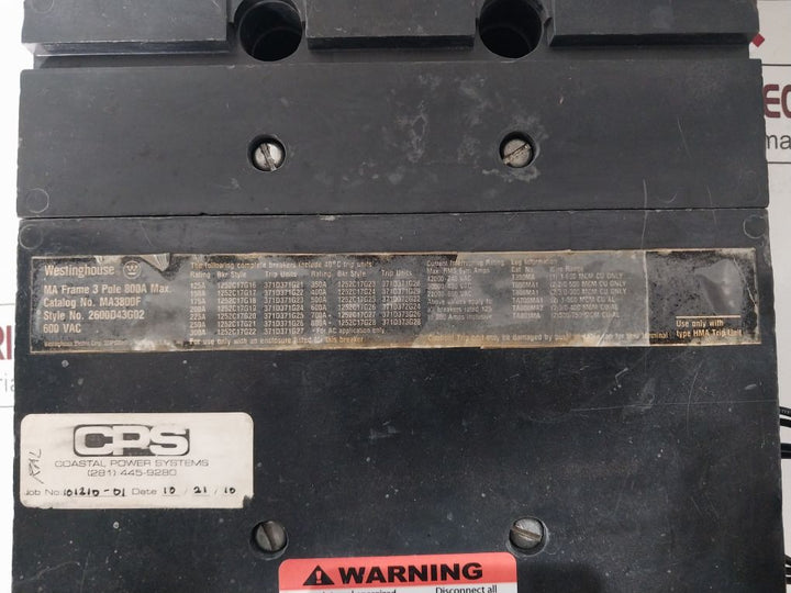 Westinghouse Ma3800F Circuit Breaker 3 Pole 600V Ac 800A Max.