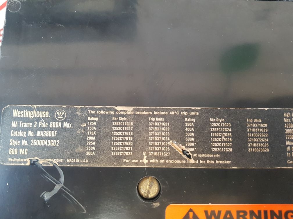 Westinghouse Ma3800F Circuit Breaker