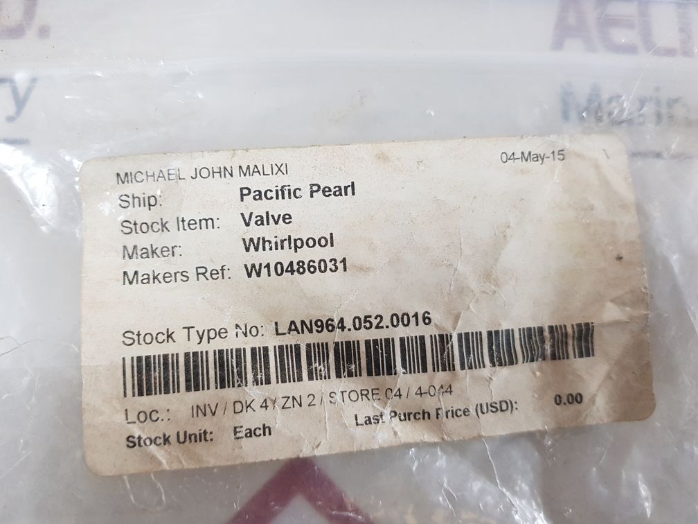 Whirlpool W10486031 Water Inlet Valve Rev: G