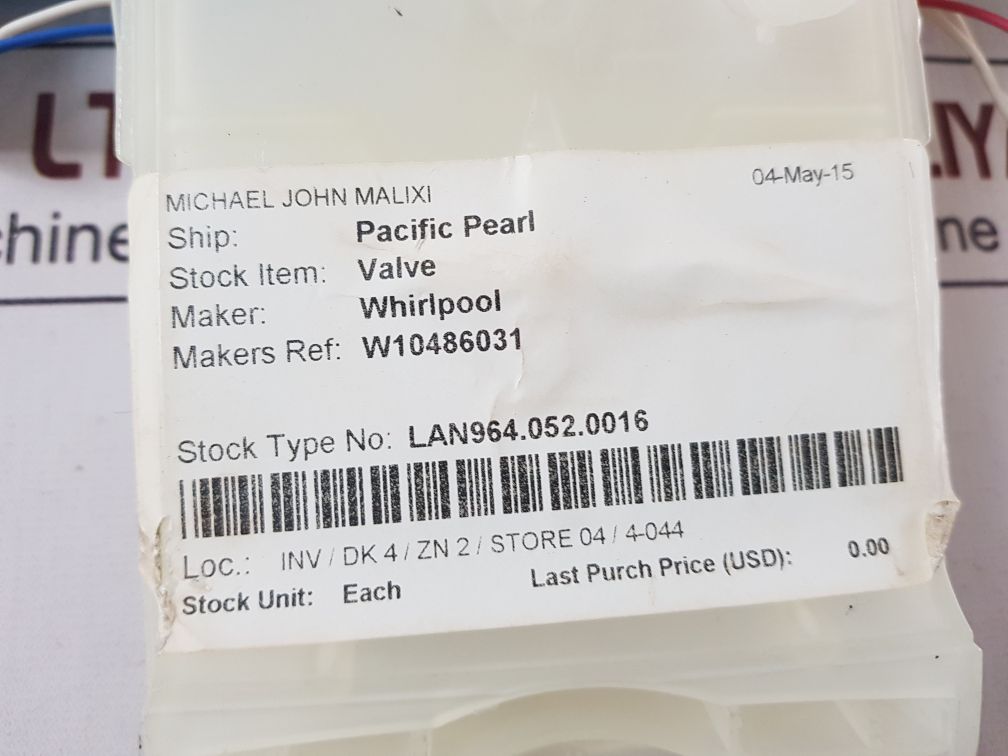 Whirlpool W10486031 Water Inlet Valve Rev: G