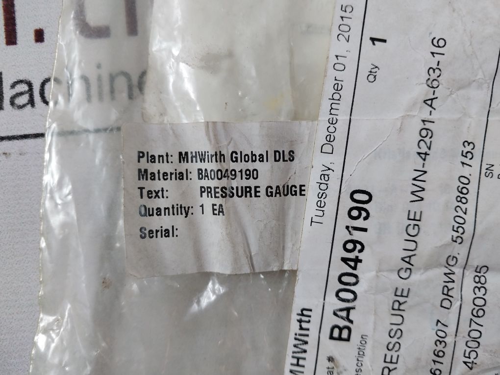 Wika Cl. 1.6 Pressure Gauge 0-16 Bar