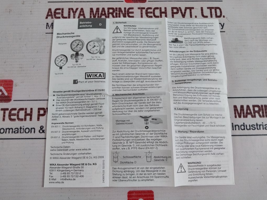 Wika En837-1 Pressure Gauge 0-16 Bar