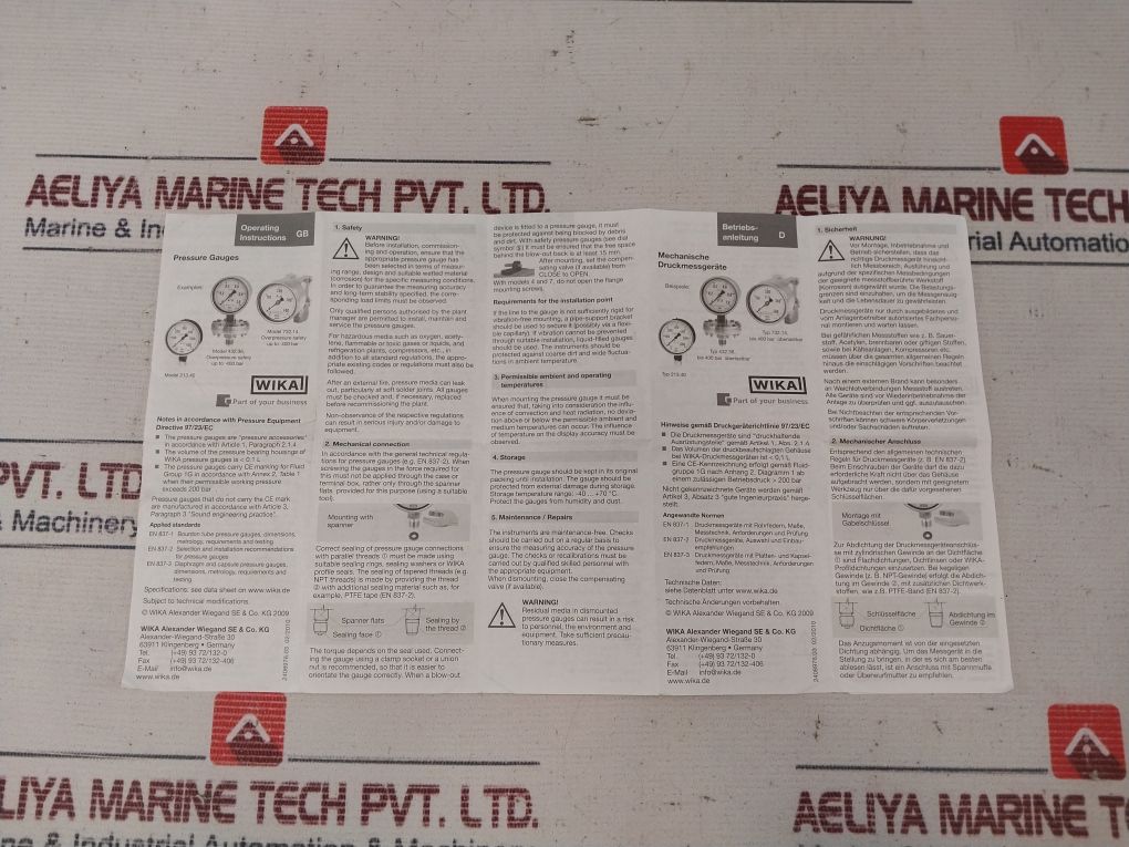 Wika En 837-1 Pressure Gauge 0-100 Bar