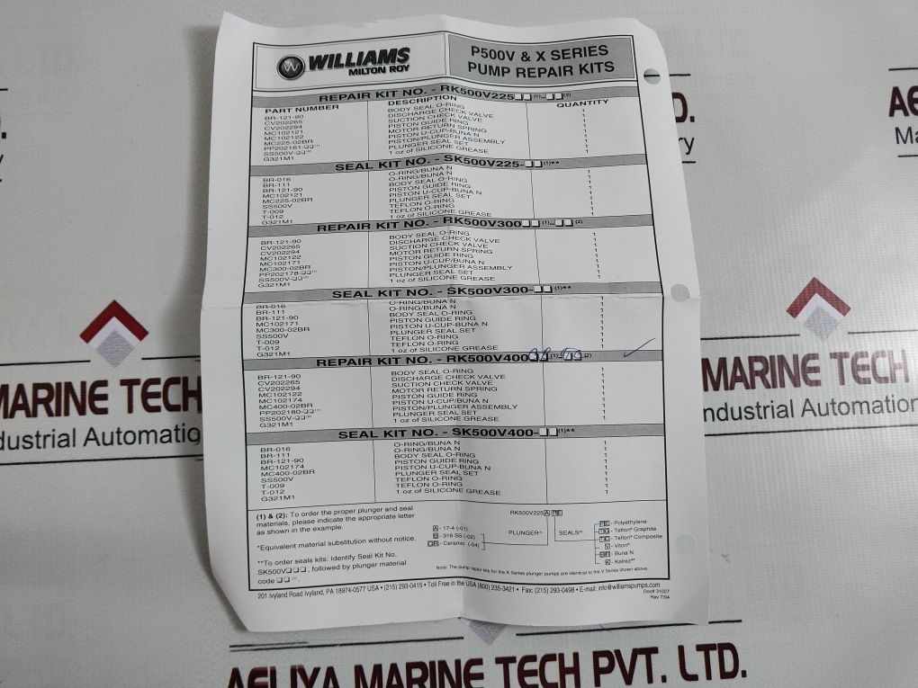 Williams P500V Plunger Seal Set