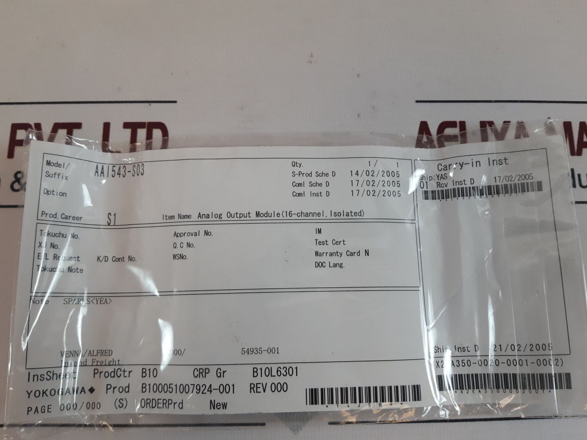 Yokogawa Aai543-s03 Style: S1 Analog Output Module