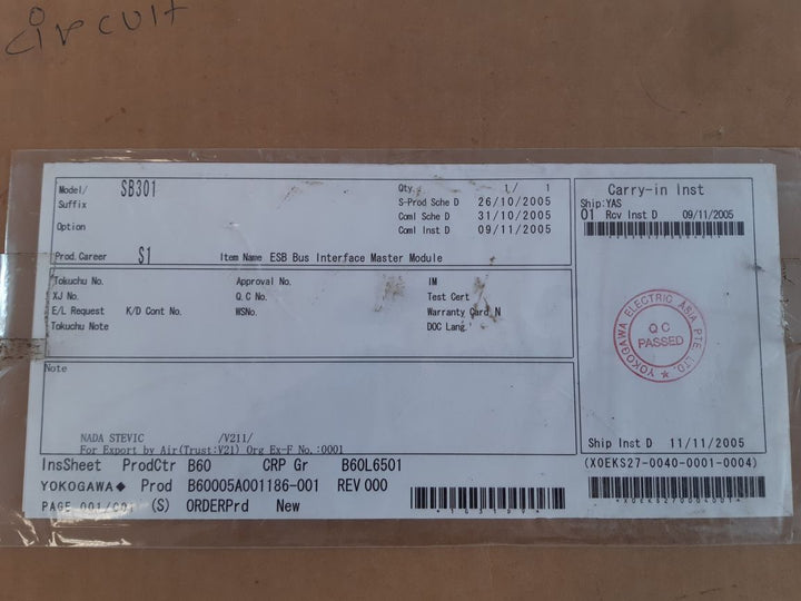 Yokogawa S9911Dd-0 Style:S1 Esb Bus Interface Master Module S9910Dd-03